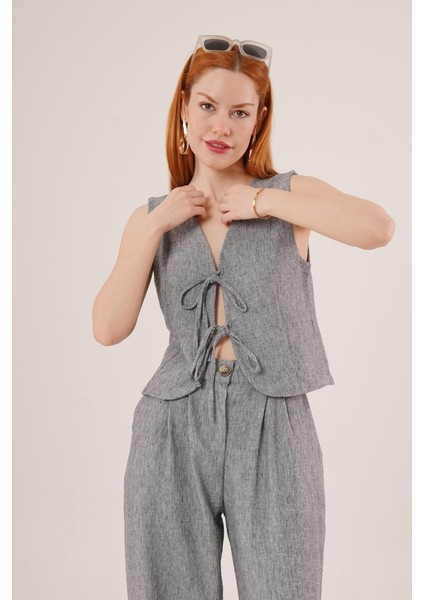 Ön Bağlama Detaylı Yelek ve Pantolon Antrasit Ikili Takım