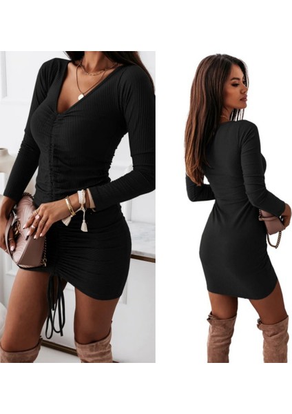 Kadın Uzun Kollu V Yaka Büzgülü Kaşkorse Elbise indirimleri