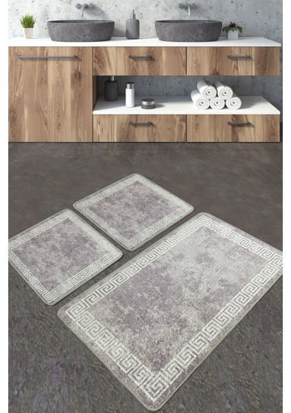 Gri 3'lü Banyo Halısı Seti, Kaymaz Tabanlı ve Konforlu Paspaslar