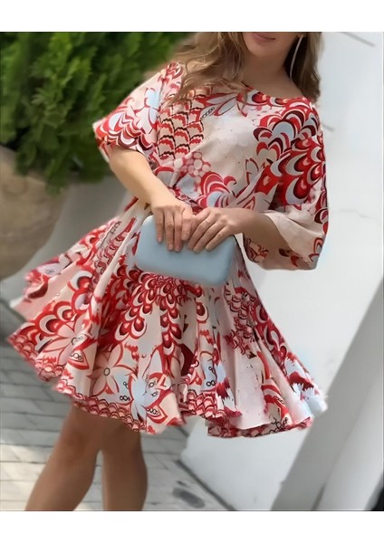 Kadın Kısa Balon Kollu Yuvarlak Yakalı Pileli Desenli Mini Elbise indirimleri