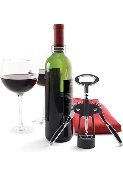 ® Premium Kanatlı Şarap Açacağı Tirbuşon, Siyah Metal Gövde, Ergonomik Tasarım