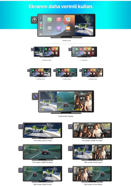 3 Kameralı Multimedya Ekranı | Carplay & Android Auto | Ön, Arka, Iç Kamera | 3in1 | 11.3" Ekran