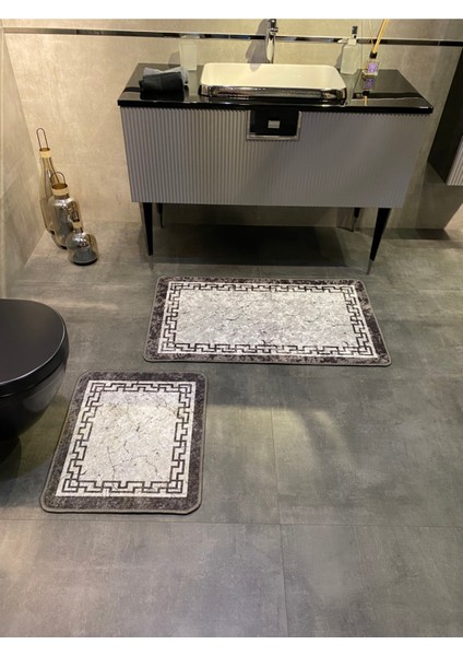 Iki Parça Lateks Kaymaz Taban Su Geçirmez Banyo Paspas Takımı (60X100-60X50) Gri