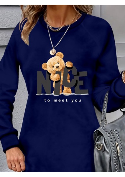 Kadın Uzun Kollu Bisiklet Yaka Ayı Desenli Viskon Iki Iplik Elbise