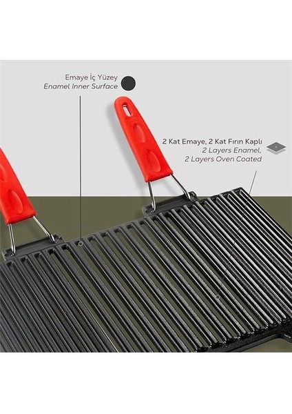 Metal Döküm Mangal Izgarası, Çift Silikon Kulplu, 40 x 25 x 0.7 cm