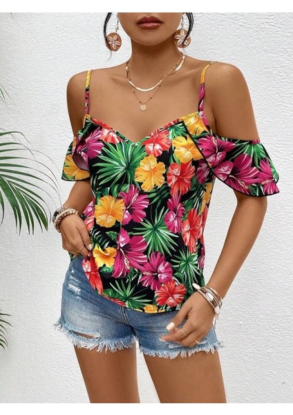 Kadın Askılı Omuzlardan Açık Çiçek Baskılı Bluz fiyatları