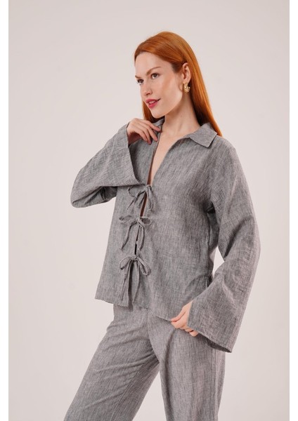 Ön Bağlama Detaylı Pantolon ve Gömlek Antrasit Ikili Takım fiyatları