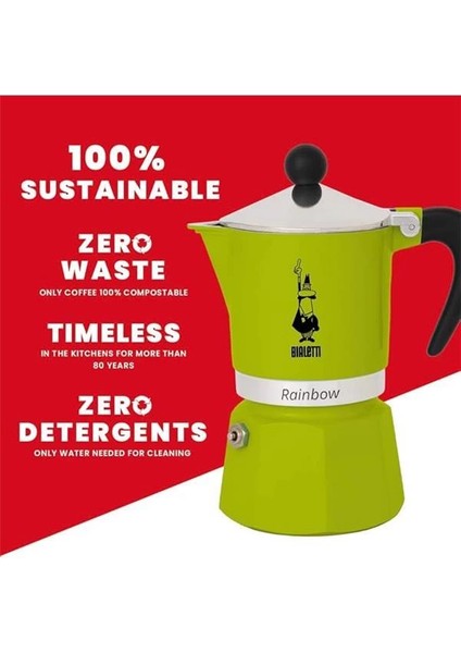 - Rainbow: 6 Cups Ocak Üstü Espresso Pişirici - 250ML - Yeşil Renk - Alüminyum Gövde - indirimleri