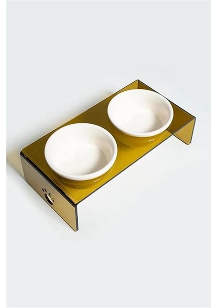 Pati Desenli Şeffaf Pleksi ve Seramik Ikili Mama Kabı 30X15 cm (Gold)