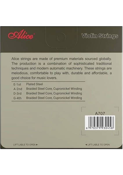 A707 Keman Teli Seti, Kaplama Çelik Düz Tel, Örgülü Çelik Çekirdek, Al-Mg ve Bakır Nikel Sargı