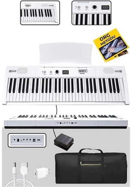 PS4000WH Tuş Hassasiyetli 61 Tuşlu Org Bluetooth USB Midi Metod (Sustain Pedalı Çanta)