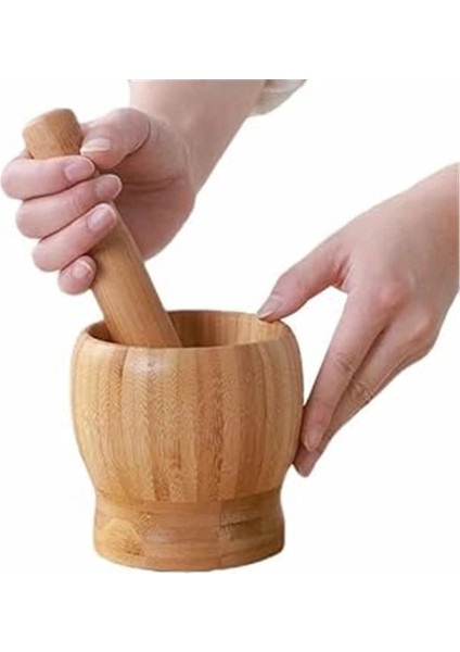 Bambu Havan ve Tokmak Seti, Büyük Boy Mutfak Havanı, Baharat ve Sarımsak Öğütücü ve Döveceği