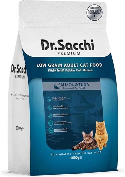 Dr.sacchi Premium Düşük Tahıllı Somonlu ve Ton Balıklı Yetişkin Kedi Maması 1 kg