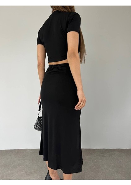 Eteği Yırtmaçlı Sandy Crop Takım -Siyah modelleri