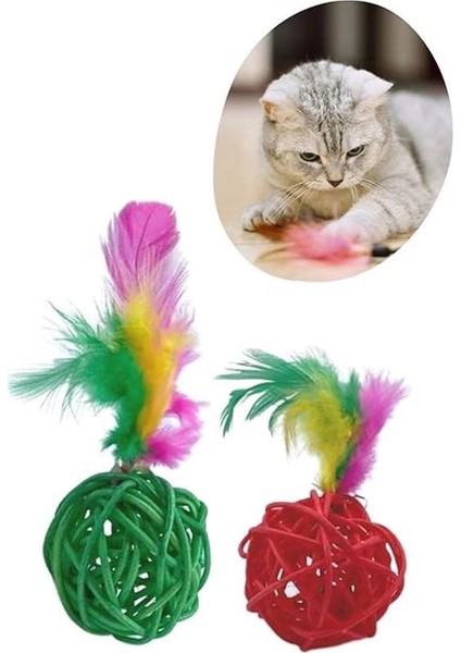 ® 2li Rattan Renkli Peluş Tüy Kedi Köpek Oyuncak Yakalama Çiğneme Çıngıraklı Top Oyuncağı