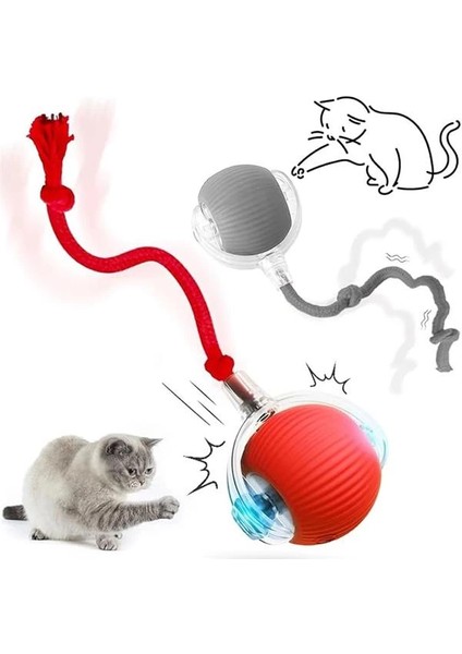 Akıllı Kedi Oyuncağı, Otomatik Yuvarlanan Interaktif Top, Hareketli Kuyruk, USB Şarjlı, LED
