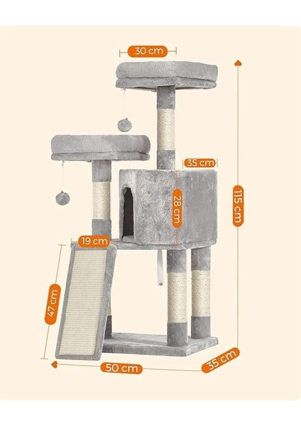 PCT141W01 Kedi Tırmalama Ağacı, Kedi Için, Yumuşak Pelüş, 115 Cm, Tamamen Sisal Sarılı