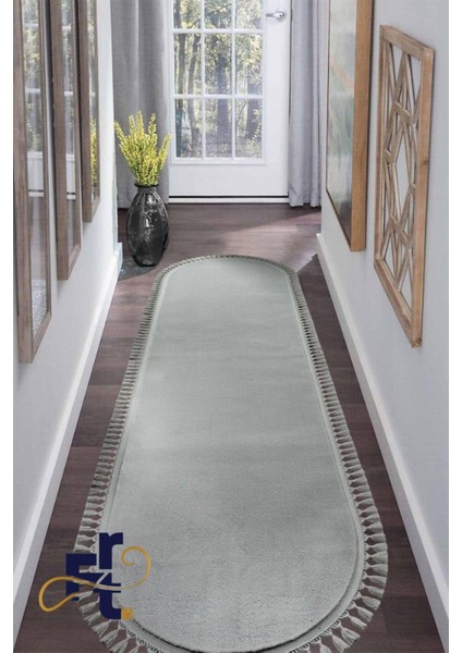 Yumuşacık Gri Peluş Oval Örgü Saçaklı Yolluk, Yıkanabilir Antre ve Koridor Halısı