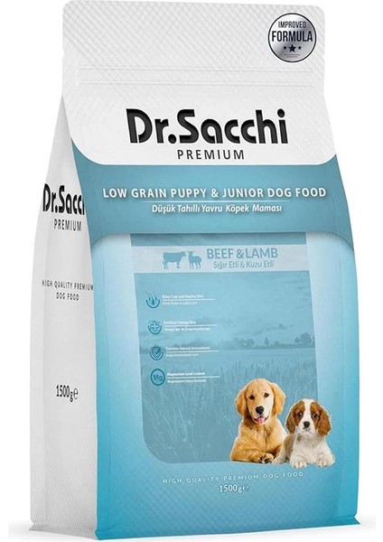 Dr.sacchi Premium Düşük Tahıllı Sığır Etli ve Kuzu Etli Düşük Tahıllı Yavru Köpek Mamas 1,5 kg