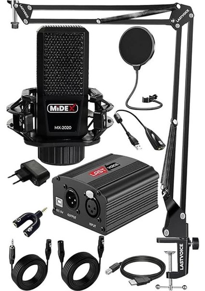 Midex MX-2020 Set Phantom Power Condenser Stüdyo Mikrofon Kayıt Paketi