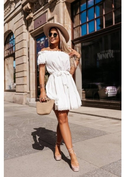 Kadın Madonna Yaka Pütür Detay Pamuklu Mini Elbise