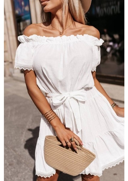 Kadın Madonna Yaka Pütür Detay Pamuklu Mini Elbise fırsatları