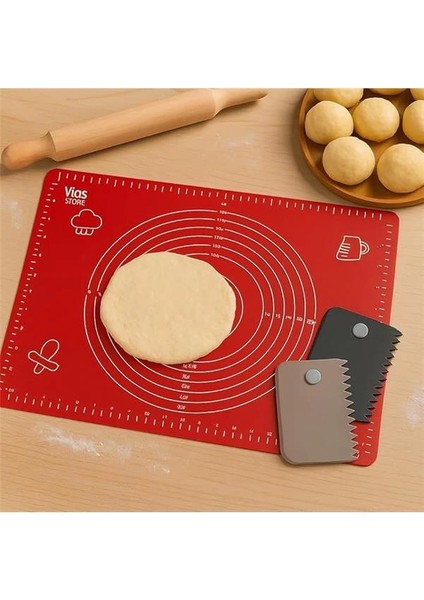 Hamur Açma Matı 50X40 cm ve 3'lü Plastik Kesme Kazıma Aparatı – Silikon Kaymaz Mat + Çok