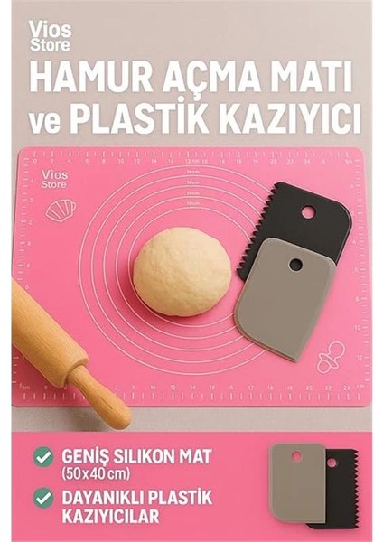 Hamur Açma Matı 50X40 cm ve 3'lü Plastik Kesme Kazıma Aparatı – Silikon Kaymaz Mat + Çok modelleri