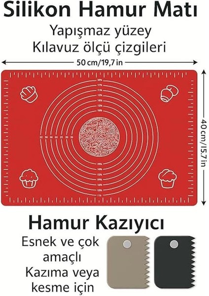Hamur Açma Matı 50X40 cm ve 3'lü Plastik Kesme Kazıma Aparatı – Silikon Kaymaz Mat + Çok