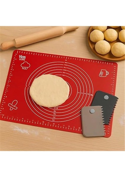 Hamur Açma Matı 50X40 cm ve 3'lü Plastik Kesme Kazıma Aparatı – Silikon Kaymaz Mat + Çok