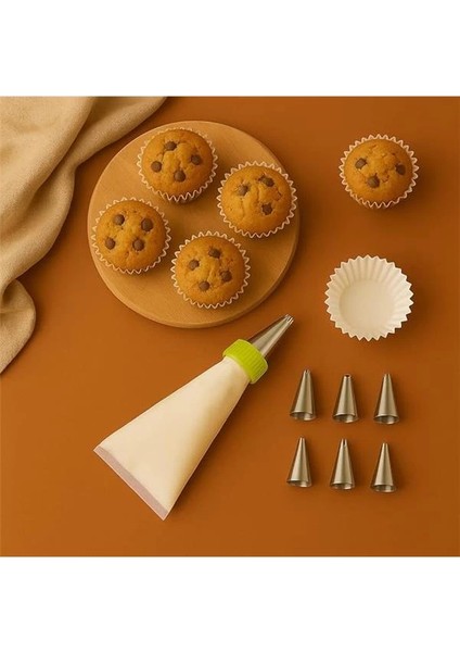 Vios Store Krema Sıkma Torbası Seti (9 Çelik Uç + 100'LÜ Renkli Muffin Kağıdı) – Pasta Süsleme ve