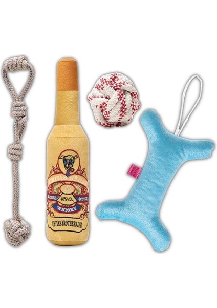 Köpek Oyuncağı Dörtlü Toplu Çekiştirmeli Halat - Şişe Peluş Kemik Köpek Eğitim Oyuncağı -
