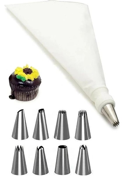 10 Parça Krema Sıkma Torbası Seti, 9 Paslanmaz Çelik Uçlu, Pasta ve Kek Süsleme Kit