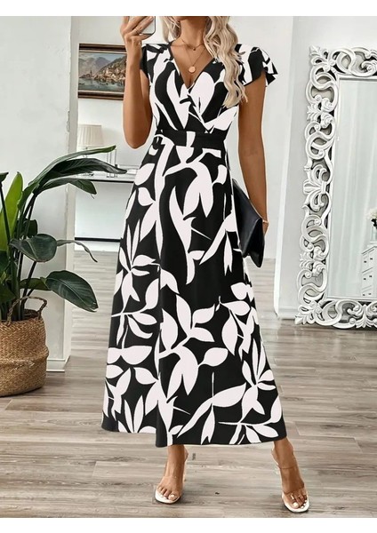 Kadın Kısa Kelebek Kollu Kruvaze Yaka Desenli Süprem Elbise modelleri