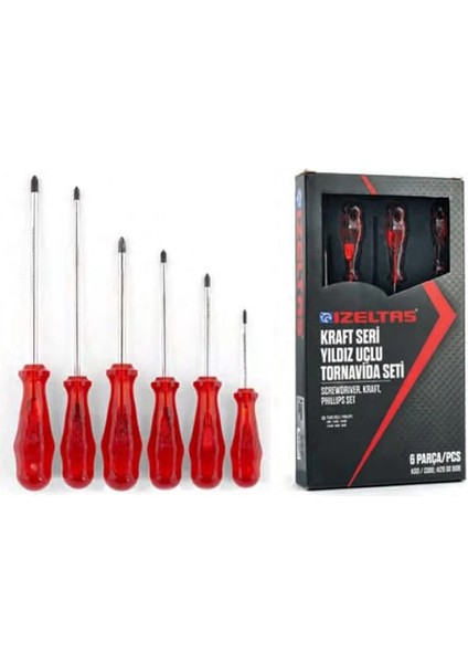Izeltaş 4120008106 Kraft Seri Yıldız Uçlu Tornavidalar, Krom Vanadyum Çelik, 6'lı, Kırmızı