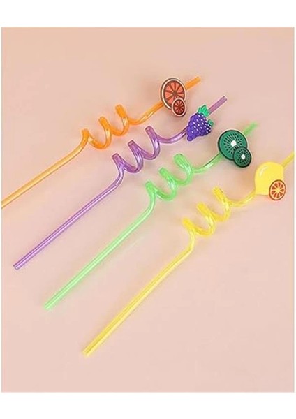 4 Adet Kıvrımlı Plastik Pipet, Çocuklar Için Eğlenceli Figürlü Tasarım, Renkli ve