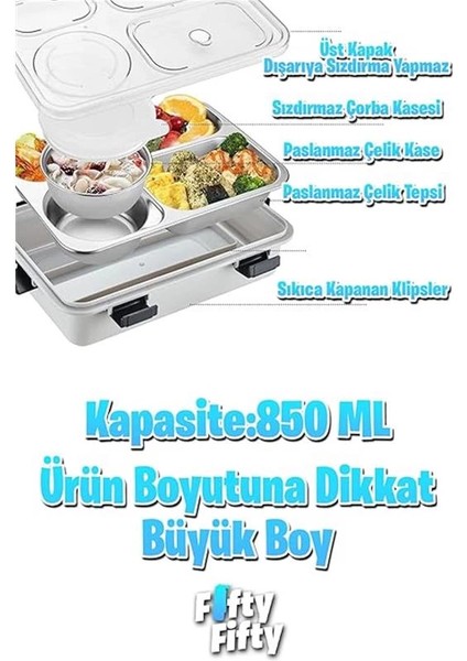 Büyük Ebat 850 ml (Paslanmaz Çelik Tek Kat Dört Bölmeli Çorba Kaseli Lunch Box Yeni Nesil modelleri