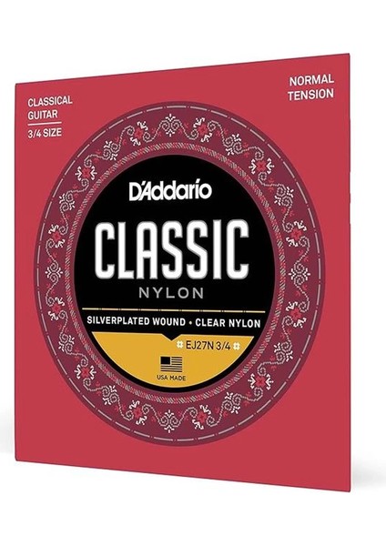 D'addario EJ27N 3/4 Klasik Gitar Tel Seti (3/4), Silverplated Wound, C