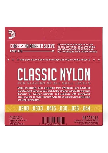 D'addario EJ27N 3/4 Klasik Gitar Tel Seti (3/4), Silverplated Wound, C