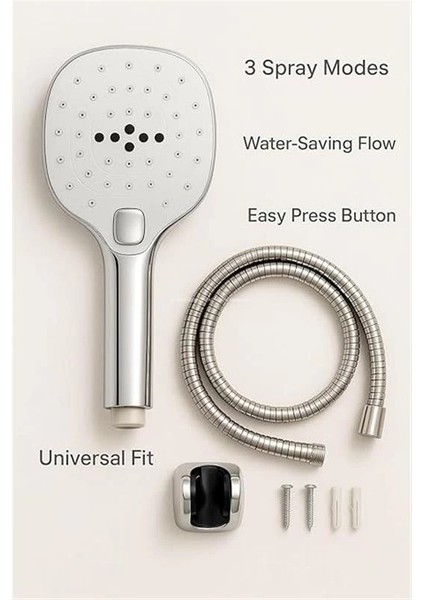 Spiralli Duş Başlığı Seti, 3 Fonksiyonlu Tuşlu Geniş Gövde Krom Duş Başlığı, 150 cm Duş