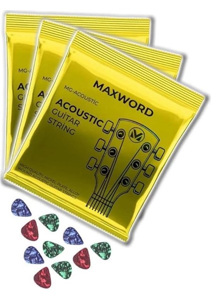 Gt-Acoustic-3x Kaliteli Akustik Gitar Teli 3 Takım Set (10 Pena Hediye)