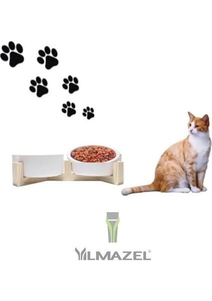 Kedi Mama Su Kabı Ahşap Standı ve Seramik Kasesi Yavru Evcil Hayvan Minimalist Design