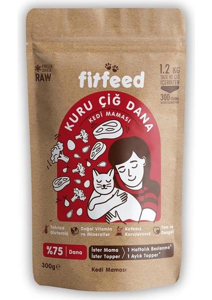 Freeze-Dried Kuru Çiğ Kedi Maması -%75 Dana - 300G