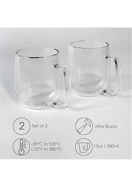 Çift Cidarlı Cam Kupa Ev Ofis Fincanı Çift Katlı Isı Yalıtımlı Kulplu Cam Bardak (2 Adet
