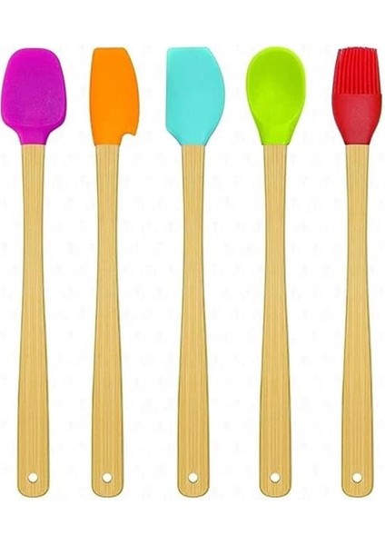 5 Parça Bambu Saplı Mini Silikon Spatula Kaşık Fırça Seti Renkli