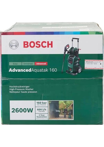 Advanced Aquatak 160 Yüksek Basınçlı Yıkama Cihazı, 8 M Hortum, 2600 W Motor Gücü, Vario Jet
