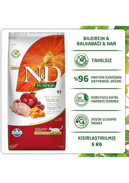 N & D Tahılsız Bıldırcın Etli Balkabaklı Kısırlaştırılmış Kedi Maması - 5 kg modelleri