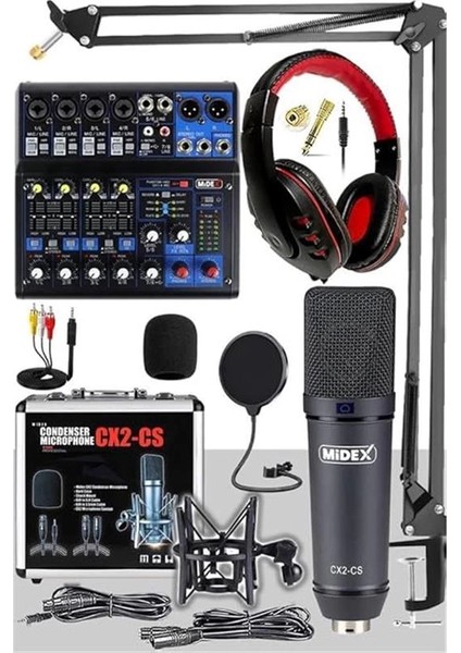 Midex Wizard Paket-3 Cx2 Stüdyo Mikrofon MDX-06FXU Stüdyo Kayıt Mikseri Kulaklık Ekipman Seti