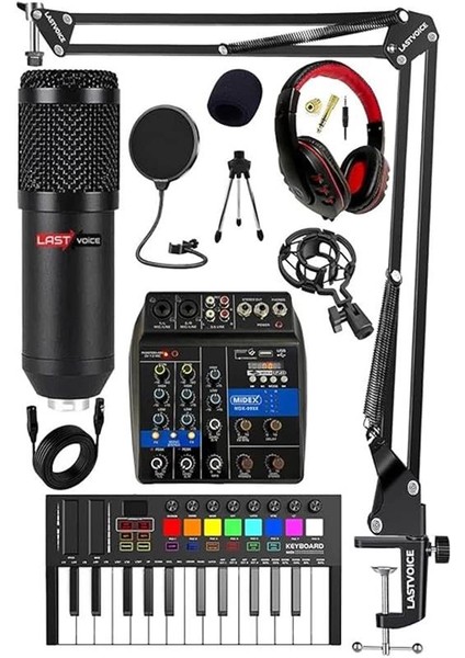 Stüdyo Ekipmanları Midi Live Paket-1 Ses Kartlı Mikser Midi Klavye BM800 Mikrofon Kulaklık