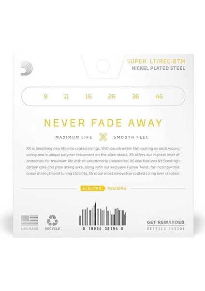 D'addario XSE0946, 09-46 Super Lt Top/reg Btm, Xs Nikel Kaplamalı Gitar Telleri, Elektro Gitar Için fiyatları
